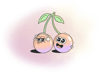 A pair of cherries. One has headphones on and is whistling and the other one is smiling.