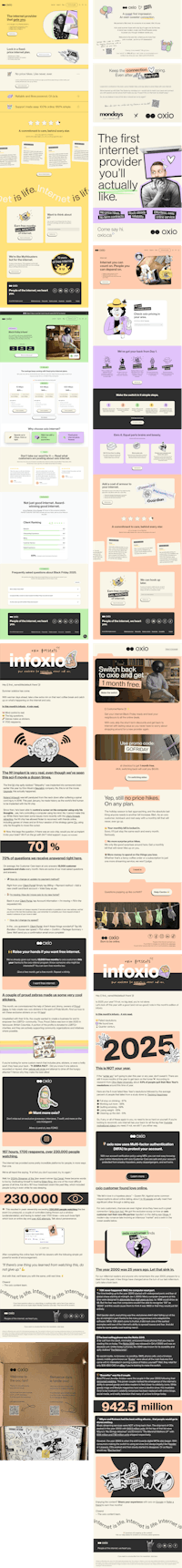 Screenshots of the oxio website and promo examples of copy.