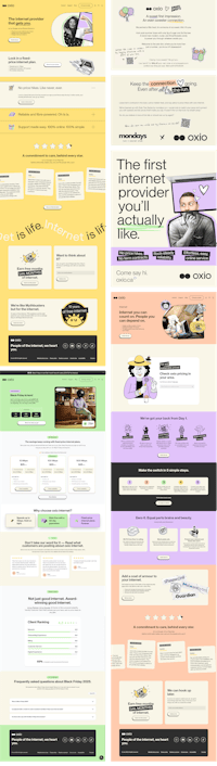 Screenshots of the oxio website and promo examples of copy.