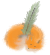 An illustration of a fox curled up sleeping peacefully with a green quill nestled between its body.